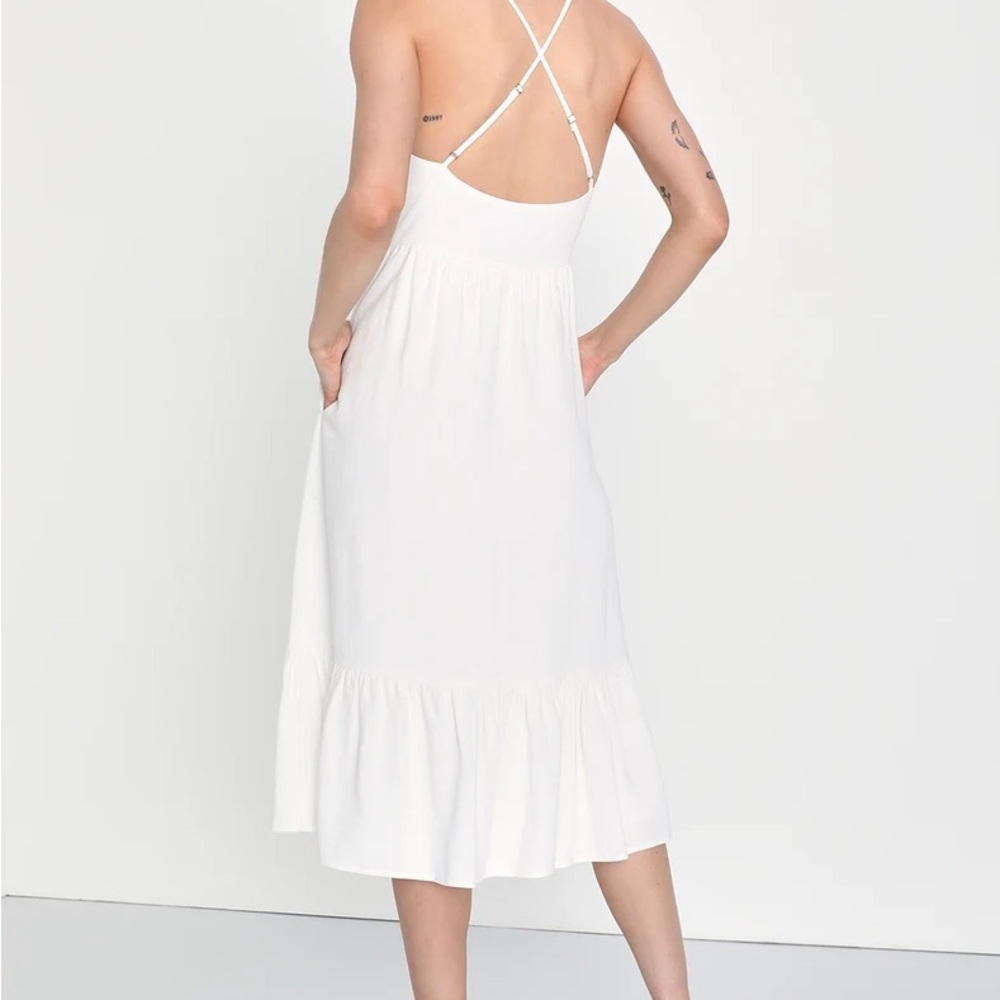 LULU Santorini Sweetness White Backless Midi Dress With Pockets - Picture 2 of 3